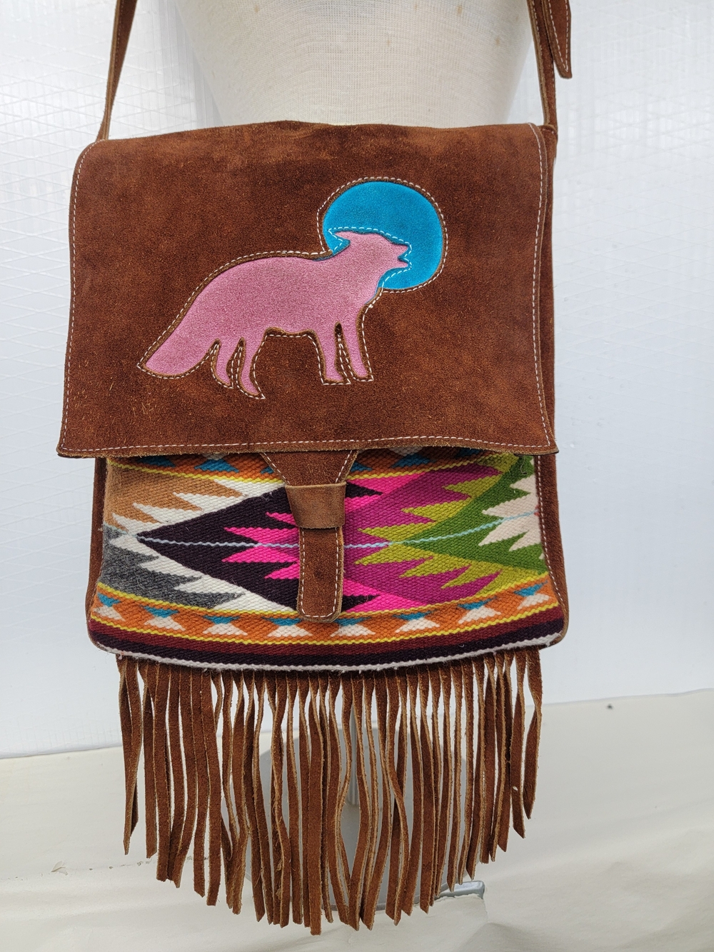 **SOLD****Wolf Howling At The Moon Leather & Saddle Blanket Fringe Crossbody Bag